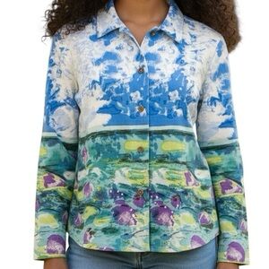 Vintage Rare Tropical Denim Jacket Ocean All Over Graphic Print Button Down Sz M